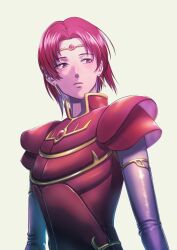 Rule 34 | 1girl, aduti momoyama, armor, chest jewel, circlet, closed mouth, earrings, elbow gloves, fire emblem, fire emblem: the binding blade, frown, gem, gloves, hair intakes, highres, jewelry, looking to the side, melady (fire emblem), nintendo, pauldrons, pink eyes, pink gemstone, pink hair, red armor, red gemstone, short hair, shoulder armor, simple background, solo, white background, white gloves