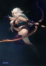 Rule 34 | 1girl, arrow (projectile), black background, blue eyes, blue panties, blue thighhighs, boots, bow (weapon), breasts, cleavage, covered erect nipples, drawing bow, elf, forehead jewel, full body, grandia lee, hair ribbon, highres, holding, holding bow (weapon), holding weapon, large breasts, lips, long hair, micro panties, no bra, nose, original, panties, parted bangs, pointy ears, quiver, revealing clothes, ribbon, sideboob, simple background, solo, thighhighs, tiara, underwear, vambraces, weapon