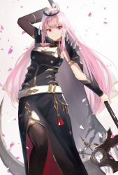 Rule 34 | 1girl, absurdres, black dress, blunt bangs, breasts, cleavage, detached sleeves, dress, highres, holding, holding scythe, hololive, hololive english, large breasts, long hair, looking at viewer, mori calliope, petals, pink eyes, pink hair, red eyes, scythe, simple background, smile, solo, spikes, taht (that is mm), tiara, veil, virtual youtuber
