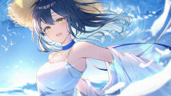 1girl :d absurdres bare_shoulders bird blue_choker blue_hair blue_sky breasts brown_hat choker cleavage collarbone commentary_request day dress feathers floating_hair hat highres light_particles long_hair looking_at_viewer off_shoulder ohagi_umeume open_mouth original outdoors sky small_breasts smile solo straw_hat sundress upper_body white_dress wind yellow_eyes