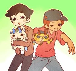 Rule 34 | 10s, 2boys, baseball cap, black hair, brothers, carrying, chill ykon, dual persona, furoshiki, glasses, green background, hat, jewelry, komajirou, komasan, leaf, leaf on head, looking at viewer, male focus, multiple boys, necklace, open mouth, orange hair, over-rim eyewear, personification, semi-rimless eyewear, short hair, siblings, sunglasses, sweat, traditional youkai, youkai watch