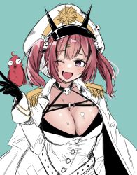 Rule 34 | 1girl, :d, bikini, bikini under clothes, bird, black bikini, black gloves, blush, breasts, cleavage, collarbone, dekaiyosakana, epaulettes, fang, gloves, goddess of victory: nikke, hat, highres, large breasts, long sleeves, looking at viewer, mast (nikke), military hat, military uniform, naval uniform, one eye closed, open mouth, peaked cap, pink eyes, red hair, short twintails, simple background, skin fang, smile, swimsuit, twintails, uniform