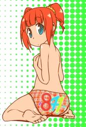 Rule 34 | 1girl, ass, back, barefoot, blue eyes, brown hair, covering privates, covering breasts, feet, from behind, halftone, halftone background, idolmaster, idolmaster (classic), looking back, panties, petite, plantar flexion, polka dot, polka dot background, short twintails, sitting, soles, solo, takatsuki yayoi, topless, ttomm, twintails, underwear, wariza