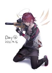 Rule 34 | 1girl, absurdres, aiming, arknights, black gloves, black pantyhose, black shirt, black skirt, black sleeves, blood, blood on clothes, blood on face, blouse, clothes writing, dated, detached wings, dog tags, energy wings, exusiai (arknights), fingerless gloves, gloves, gun, hair over one eye, halo, highres, holding, holding gun, holding weapon, jacket, kneeling, liangban xiexu, open clothes, open jacket, pantyhose, red hair, shirt, short hair, simple background, skirt, sleeves past elbows, solo, weapon, white background, white jacket, wings, yellow eyes