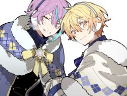 Rule 34 | 2boys, black jacket, blonde hair, blue bow, blue bowtie, blue hair, blue sweater, blush, bow, bowtie, cape, commentary, condensation, earmuffs, fur-trimmed cape, fur trim, highres, hoshi-toge, jacket, kamishiro rui, looking at viewer, multicolored hair, multiple boys, project sekai, purple cape, purple hair, simple background, smile, streaked hair, sweater, tenma tsukasa, turtleneck, turtleneck sweater, upper body, white background, white cape, yellow bow, yellow bowtie, yellow eyes