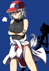 Rule 34 | 1girl, :&lt;, ashu, bare shoulders, blue background, breasts, casquette, collarbone, covered navel, cowboy shot, crossed arms, hat, inubashiri momiji, large breasts, red eyes, shadow, sharp teeth, shirt, short hair, silhouette, silver hair, simple background, solo, standing, tail, taut clothes, taut shirt, teeth, toned, touhou, wolf tail