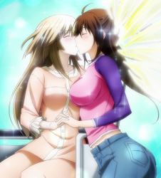 Rule 34 | 2girls, blonde hair, blush, breasts, brown hair, couple, holding hands, hidaka chiho, highres, impossible clothes, impossible shirt, kiss, long hair, multiple girls, screencap, sekirei, shirt, stitched, subtext, third-party edit, uzume, yuri