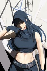 Rule 34 | 1girl, ayoungart, baseball cap, belt, black belt, black gloves, black hat, black shirt, blue archive, blue hair, commentary request, crop top, gloves, hat, highres, long hair, looking at viewer, midriff, navel, open mouth, saori (blue archive), shirt, sleeveless, sleeveless shirt, solo, stomach, upper body, very long hair