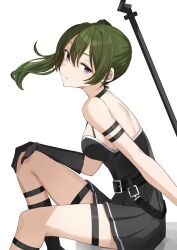 Rule 34 | 1girl, arm strap, armlet, bare shoulders, bell, belt, black belt, black dress, black gloves, breasts, choker, closed mouth, commentary request, dress, elbow gloves, gloves, green hair, hair between eyes, highres, kanaria hisagi, long hair, looking at viewer, looking to the side, medium breasts, neck bell, purple eyes, side ponytail, simple background, single glove, sitting, smile, solo, sousou no frieren, thigh strap, ubel (sousou no frieren), white background