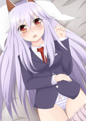 Rule 34 | 1girl, absurdres, animal ears, bad id, bad pixiv id, blazer, blush, clothes pull, female focus, highres, jacket, light purple hair, lying, masa masa, panties, rabbit ears, red eyes, reisen udongein inaba, skirt, skirt pull, skirt tug, solo, striped clothes, striped panties, touhou, underwear, white hair