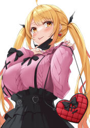 Rule 34 | 1girl, :p, ahoge, aran sweater, bag, black bow, black mask, black skirt, blonde hair, blush, bow, breasts, cable knit, closed mouth, commentary, cowboy shot, cowlick, ear piercing, earrings, frilled skirt, frills, from below, hand on own chest, handbag, heart, heart-shaped bag, heart earrings, highres, hololive, jewelry, kosuke (bb), large breasts, long hair, long sleeves, looking at viewer, mask, mask pull, mouth mask, nail polish, official alternate costume, parted bangs, piercing, pink nails, pink sweater, simple background, skirt, sleeves past wrists, smile, solo, standing, surgical mask, sweater, sweater tucked in, tongue, tongue out, twintails, virtual youtuber, white background, wing hair ornament, yellow eyes, yozora mel, yozora mel (jirai kei)