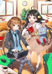 Rule 34 | 2girls, :d, ahoge, akino teku, black hair, black skirt, blazer, blue shirt, blue thighhighs, blunt bangs, blush, brown dress, brown footwear, brown hair, cafe, chair, checkerboard cookie, coffee, collared shirt, computer, conoha, cookie, cup, dress, dress shirt, food, indoors, jacket, knees together feet apart, laptop, loafers, long hair, long sleeves, looking at viewer, low twintails, mikumo konoha, mug, multiple girls, neckerchief, necktie, official art, open clothes, open jacket, open mouth, parted lips, pasona tech, plaid, plaid necktie, plaid neckwear, red neckerchief, sailor collar, sailor dress, shirako miso, shirt, shoes, sitting, skirt, smile, sneakers, socks, striped clothes, striped legwear, striped thighhighs, thighhighs, twintails, very long hair, white legwear
