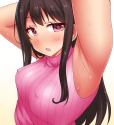 Rule 34 | 1girl, :o, arm behind head, arm up, armpits, bad id, bad nicoseiga id, blush, breasts, brown hair, covered erect nipples, large breasts, long hair, looking at viewer, neri sachiko, open mouth, original, pink eyes, pink hair, simple background, solo, striped, sweater vest, upper body, vertical stripes, water, water drop, wet, white background