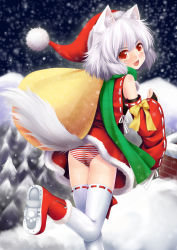 Rule 34 | 1girl, absurdres, alternate costume, animal ears, ass, bare shoulders, blush, boots, christmas, detached sleeves, fang, female focus, hat, highres, inubashiri momiji, open mouth, panties, red eyes, rooftop, sack, santa costume, santa hat, short hair, smile, snow, solo, striped clothes, striped panties, tail, thighhighs, touhou, underwear, white hair, white thighhighs, wolf ears, wolf tail, wolflong