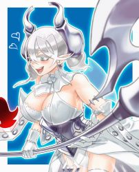 Rule 34 | 1boy, 1girl, armpits, breasts, cleavage, collar, cowboy shot, demon girl, demon horns, demon wings, detached sleeves, dress, duel monster, gloves, grey eyes, heart, holding, holding weapon, horns, knight (yu-gi-oh!), large breasts, leotard, leotard under clothes, looking at another, lovely labrynth of the silver castle, pointy ears, polearm, simple background, solo focus, strapless, strapless dress, thighhighs, transparent wings, twintails, weapon, white dress, white gloves, white hair, wings, yu-gi-oh!, zettai ryouiki, zidai okuraven