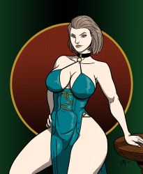 Rule 34 | 1girl, 2019, bare shoulders, breasts, brown hair, choker, cleavage, collarbone, dress, fire emblem, fire emblem: three houses, green background, hand on torso, highres, intelligent systems, large breasts, makeup, manuela casagranda, nintendo, orange eyes, orange lips, shiny clothes, shiny skin, short hair, standing, table, taynorhook, thick thighs, thighs