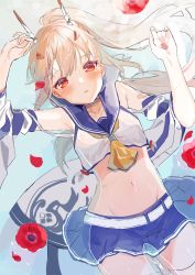 Rule 34 | 1girl, absurdres, ayanami (azur lane), azur lane, blue sailor collar, blue skirt, blush, breasts, choker, collarbone, crop top, detached sleeves, floating, highres, in water, long hair, looking at viewer, lying, miniskirt, navel, neckerchief, nozawa noko, on back, parted lips, petals, petals on liquid, platinum blonde hair, pleated skirt, ponytail, red eyes, sailor collar, sidelocks, skirt, small breasts, solo, stomach, thighhighs, very long hair, white thighhighs, yellow neckerchief
