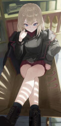 Rule 34 | 1girl, absurdres, black coat, black jacket, blue eyes, bookshelf, boots, closed mouth, coat, coat on shoulders, couch, crossed legs, dress shirt, girls und panzer, grey hair, highres, indoors, itsumi erika, jacket, kuromorimine military uniform, light rays, long sleeves, looking at viewer, mamaa (maeni6379), medium hair, military uniform, miniskirt, model tank, on couch, pleated skirt, red shirt, red skirt, shirt, sitting, skirt, smile, solo, uniform, wing collar