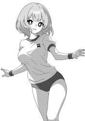 Rule 34 | 1girl, alternate costume, breasts, buruma, commentary, feet out of frame, greyscale, gym shirt, gym uniform, hair between eyes, heterochromia, large breasts, looking at viewer, monochrome, onkn sxkn, open mouth, shirt, short hair, short sleeves, simple background, smile, solo, tatara kogasa, touhou, white background