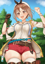 Rule 34 | 1girl, :d, arms up, atelier (series), atelier ryza, atelier ryza 1, belt, beret, black hairband, blue sky, boots, bow hairband, breasts, brown belt, brown eyes, brown footwear, brown gloves, brown hair, detached sleeves, flask, gloves, hair ornament, hairband, hairclip, hat, highres, jacket, janqoo89, jewelry, leather, leather gloves, medium breasts, midriff peek, necklace, open mouth, outdoors, red shorts, reisalin stout, round-bottom flask, shirt, short hair, short shorts, shorts, single glove, sky, sleeveless, sleeveless jacket, sleeveless shirt, smile, solo, star (symbol), star necklace, test tube, thighhighs, thighhighs under boots, thighs, tree, white headwear, white shirt, white sleeves, white thighhighs, wide hips, yellow jacket