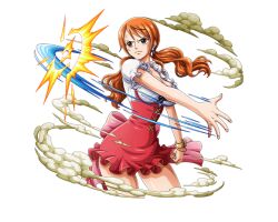 Rule 34 | 1girl, brown eyes, long hair, miniskirt, nami (one piece), official art, one piece, one piece treasure cruise, orange hair, red skirt, skirt, slapping, transparent background, twintails