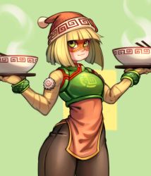 Rule 34 | 1girl, armor, arms (game), beanie, blunt bangs, bob cut, bowl, breastplate, chinese clothes, chopsticks, domino mask, flat chest, food, green eyes, hat, highres, kelvin hiu, knit hat, looking at viewer, mask, min min (arms), noodles, pants, ramen, short hair, solo, w arms, waitress, wide hips
