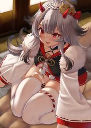 Rule 34 | 1girl, absurdres, azur lane, bar censor, blush, censored, clothed female nude male, cum, fur trim, grey hair, hair ornament, hetero, hibiki (azur lane), highres, horns, indoors, long hair, long sleeves, momo no sukebe, nude, open mouth, penis, red eyes, sitting, sitting on person, skindentation, solo focus, thigh sex, thighhighs, wariza, white thighhighs