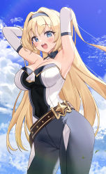 Rule 34 | 1girl, :d, absurdres, armpits, arms behind head, arms up, bare shoulders, belt, blonde hair, blue eyes, blue sky, breasts, cleavage, cloud, contrapposto, covered navel, cowboy shot, day, detached collar, detached sleeves, gold trim, grey pants, hair intakes, hairband, highres, impossible clothes, impossible shirt, large breasts, long hair, long sleeves, looking at viewer, novel illustration, official art, open mouth, original, outdoors, pants, pn (wnsl216), shirt, sky, smile, solo, standing, strapless, strapless shirt, very long hair, white shirt