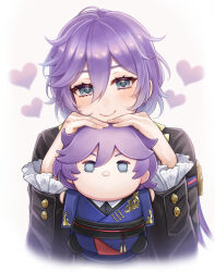 Rule 34 | 1boy, androgynous, blue eyes, blush, character doll, closed mouth, epel felmier, frilled sleeves, frills, hair between eyes, head rest, heart, heart-shaped pupils, holding, holding stuffed toy, long sleeves, looking at viewer, male focus, momotetu, night raven college uniform, purple hair, school uniform, short hair, simple background, smile, solo, stuffed toy, symbol-shaped pupils, tsum-tsum, twisted wonderland, upper body, white background