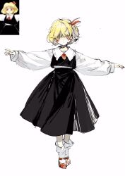 Rule 34 | 1girl, absurdres, black skirt, black vest, blonde hair, bow, closed mouth, collared shirt, colored eyelashes, frilled shirt collar, frills, full body, hair bow, highres, long sleeves, mary janes, official art inset, orange eyes, outstretched arms, red bow, red footwear, rumia, shirt, shoes, short hair, simple background, skirt, smile, socks, spread arms, touhou, vest, white background, white shirt, white socks, zhixie jiaobu, zun (artist)