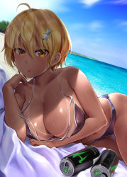 Rule 34 | 1girl, ahoge, beach, bikini, bikini tan, blonde hair, blue sky, blush, brand name imitation, breasts, can, cleavage, cloud, collarbone, commentary request, day, dokyuu hentai hxeros, drink, hair ornament, halterneck, highres, hoshino kirara, large breasts, looking at viewer, loose clothes, lying, navel, ocean, on side, outdoors, parted lips, sand, short hair, skindentation, sky, solo, sunlight, sweat, swimsuit, tan, tanline, wa (genryusui), water, yellow eyes