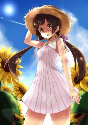 Rule 34 | 10s, 1girl, absurdres, amayadori machi, bare shoulders, brown eyes, brown hair, day, dress, flower, hair ribbon, hat, highres, kumamiko, long hair, looking at viewer, open mouth, ribbon, short dress, sleeveless, solo, straw hat, striped clothes, striped dress, sun, sundress, sunflower, twintails, vertical-striped clothes, vertical-striped dress, yamada yamao (zget2)