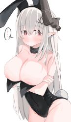 Rule 34 | 1girl, absurdres, alternate costume, animal ears, arknights, arms under breasts, bare shoulders, black choker, black hairband, black leotard, blush, breast hold, breasts, choker, cleavage, closed mouth, commentary, cowboy shot, crossed arms, earclip, fake animal ears, hair between eyes, hairband, highleg, highleg leotard, highres, horns, infection monitor (arknights), large breasts, leotard, leotard pull, long hair, looking at viewer, mudrock (arknights), nipples, nui (nuinui0300), playboy bunny, pointy ears, rabbit ears, rabbit tail, red eyes, simple background, solo, spoken sweatdrop, strapless, strapless leotard, sweat, sweatdrop, tail, white background, white hair, wrist cuffs