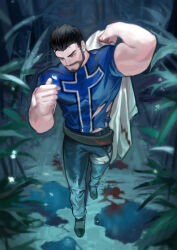 Rule 34 | 1boy, absurdres, baimeme, bandaged leg, bandages, bara, beard, black hair, blood, blood on clothes, blood on hands, bug, butterfly, cross print, denim, dungeon and fighter, facial hair, full body, glowing butterfly, hair slicked back, hand up, highres, holding, holding clothes, holding shirt, insect, jeans, looking ahead, male focus, male priest (dungeon and fighter), mature male, midriff peek, monk (dungeon and fighter), muscular, muscular male, mustache, pants, pectorals, plant, priest (dungeon and fighter), shirt, short hair, solo, thick eyebrows, torn clothes, torn shirt