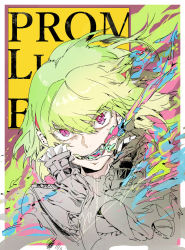 Rule 34 | 1boy, ascot, breath weapon, breathing fire, character name, copyright name, earrings, fire, frilled shirt collar, frills, green hair, hair between eyes, highres, hiranko, jacket, jewelry, lio fotia, looking at viewer, male focus, open mouth, pink eyes, promare, short hair, solo, spot color, teeth, text background, upper body
