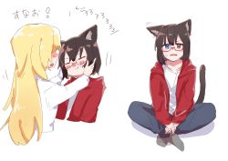 Rule 34 | 2girls, animal ear fluff, animal ears, annoyed, blonde hair, blue eyes, blush, blush stickers, brown eyes, cat ears, cat girl, cat tail, closed eyes, denim, fang, full body, hair between eyes, hands on another&#039;s face, hands on lap, heterochromia, highres, hood, hoodie, indian style, jeans, kamikoshi sorawo, kemonomimi mode, long hair, looking at another, looking at viewer, multiple girls, nishina toriko, nro, open mouth, pants, pout, red hoodie, shirt, short hair, simple background, sitting, skin fang, sweatdrop, t-shirt, tail, translation request, upper body, urasekai picnic, white background, white shirt, yuri