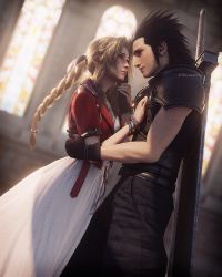 Rule 34 | 1boy, 1girl, absurdres, aerith gainsborough, armor, black gloves, black hair, blue eyes, bracelet, braid, braided ponytail, brown hair, buster sword, church, dress, earrings, final fantasy, final fantasy vii, final fantasy vii remake, gloves, green eyes, hair ribbon, highres, jacket, jewelry, long hair, looking at another, pink dress, red jacket, ria-neearts, ribbon, scar, shoulder armor, spiked hair, square enix, sword, sword behind back, weapon, zack fair