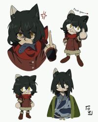 Rule 34 | 1girl, anger vein, animal ears, black hair, blue kimono, cat ears, cat girl, cat tail, coat, dungeon meshi, fish in mouth, highres, izutsumi, japanese clothes, kimono, middle finger, monster girl, multiple views, neco-arc, oz sumire, red scarf, scarf, short hair, tail, white background