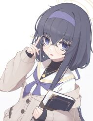 Rule 34 | 1girl, adjusting eyewear, black hair, blue archive, book, glasses, hairband, halo, highres, holding, holding book, jewelry, long sleeves, looking at viewer, matchadzuke, neckerchief, necklace, purple eyes, purple hairband, purple neckerchief, sailor collar, simple background, solo, ui (blue archive), upper body, white background, white sailor collar