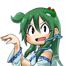 Rule 34 | 1girl, profile picture, chamaji, collared shirt, commentary request, detached sleeves, frog, frog hair ornament, green hair, hair between eyes, hair ornament, japanese clothes, kochiya sanae, long hair, looking at viewer, lowres, miko, nontraditional miko, open mouth, shirt, sidelocks, signature, smile, snake, snake hair ornament, solo, touhou, upper body, white background, white shirt