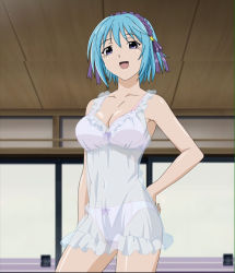 Rule 34 | 00s, 1girl, bare shoulders, blue hair, bra, breasts, chemise, demon girl, dvd, hand on own hip, hip focus, kurono kurumu, lingerie, negligee, nightgown, purple eyes, rosario+vampire, screencap, see-through, solo, stitched, third-party edit, underwear