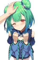 Rule 34 | 1girl, animal print, athenawyrm, blue dress, blue hair, blush, butterfly print, commentary, cowboy shot, detached sleeves, double bun, dress, flat chest, gradient hair, green hair, hair bun, hair ornament, headpat, highres, hololive, looking at viewer, medium hair, multicolored hair, one eye closed, parted lips, pov, red eyes, simple background, skull, skull hair ornament, solo focus, two-tone hair, uruha rushia, uruha rushia (1st costume), virtual youtuber, white background