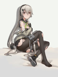 Rule 34 | 1girl, bad id, bad pixiv id, black pantyhose, blush, breasts, cleavage, closed mouth, frown, girls&#039; frontline, grey hair, hair between eyes, hand on own chest, hand up, headphones, highres, holster, jacket, jiachong jun z, long hair, looking at viewer, medium breasts, mg4 (girls&#039; frontline), mg4 (survival club) (girls&#039; frontline), official alternate costume, pantyhose, pout, sailor collar, shoes, single shoe, sitting, skindentation, solo, thigh holster, thighs, torn clothes, torn pantyhose, very long hair