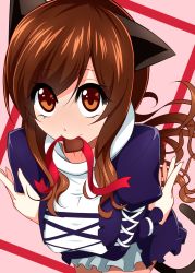 Rule 34 | 1girl, animal ears, bad id, bad pixiv id, breast hold, breasts, brown eyes, brown hair, cat ears, cat girl, cat tail, chocolate, female focus, from above, heart, hijiri byakuren, kemonomimi mode, large breasts, long hair, mattari yufi, mouth hold, ribbon, skirt, solo, tail, touhou