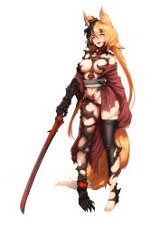 Rule 34 | 1girl, :d, absurdres, animal ears, armor, bad link, barbariank, black hair, black thighhighs, blush, breasts, cursed sword (monster girl encyclopedia), fangs, fox ears, fox tail, full body, gauntlets, green eyes, hair between eyes, heart, heart-shaped pupils, heterochromia, highres, huge filesize, inari (monster girl encyclopedia), katana, long hair, long sleeves, looking at viewer, low twintails, medium breasts, monster girl encyclopedia, multicolored hair, navel, off shoulder, open clothes, open mouth, orange eyes, orange hair, pussy juice, sash, single thighhigh, smile, solo, standing, streaked hair, sword, symbol-shaped pupils, tail, thighhighs, torn clothes, torn thighhighs, transparent background, twintails, two-tone hair, very long hair, weapon