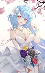 Rule 34 | 1girl, absurdres, ahoge, alternate breast size, alternate costume, azur lane, bare shoulders, black flower, blue hair, blush, bouquet, breasts, cherry blossoms, cleavage, commentary, cowboy shot, dress, english commentary, eyelashes visible through hair, flower, hair between eyes, hair intakes, hair ornament, hand in own hair, helena (azur lane), highres, holding, layered dress, long hair, looking at viewer, medium breasts, multicolored hair, open mouth, pink eyes, purple eyes, purple flower, red flower, rose, sidelocks, simple background, smile, solo, strapless, strapless dress, thigh strap, thighhighs, thighs, two-tone hair, vayneeeee, very long hair, wedding dress, white background, white dress, white flower, yellow flower