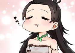 Rule 34 | 1girl, = =, bare shoulders, black hair, blush, breasts, cleavage, closed eyes, collarbone, dress, drooling, facing viewer, fate/grand order, fate (series), forehead, grey dress, highres, himiko (fate), himiko (first ascension) (fate), i.u.y, long hair, magatama, medium breasts, parted lips, saliva, solo, strapless, strapless dress, translation request, upper body