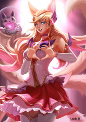 Rule 34 | absurdres, ahri (league of legends), animal ears, artist request, bare shoulders, blonde hair, blue eyes, breasts, choker, cowboy shot, elbow gloves, familiar, forehead protector, fox ears, fox girl, fox tail, gloves, hair ornament, heart, highres, league of legends, lipstick, looking at viewer, magical girl, makeup, open mouth, red lips, skirt, star guardian (league of legends), star guardian ahri, tail, thighhighs, zettai ryouiki