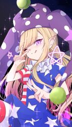 Rule 34 | 1girl, absurdres, american flag dress, american flag legwear, blonde hair, blush, closed mouth, clownpiece, double v, dress, fairy, fairy wings, fingernails, hat, highres, jester cap, long hair, mizore arius, nail polish, one eye closed, pantyhose, pink eyes, polka dot, polka dot headwear, purple hat, purple nails, short sleeves, smile, solo, star (symbol), star print, striped clothes, striped dress, striped pantyhose, tongue, tongue out, touhou, v, wings