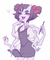 Rule 34 | 1girl, breasts, colored skin, extra arms, extra eyes, highres, arthropod girl, muffet, purple skin, skirt, spider girl, undertale, waitress